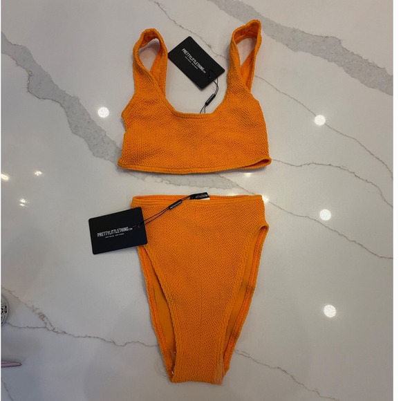 PrettyLittleThing Other - PrettyLittleThing Orange Crinkle Bikini Set Deep Scoop High Waist One Size NEW
